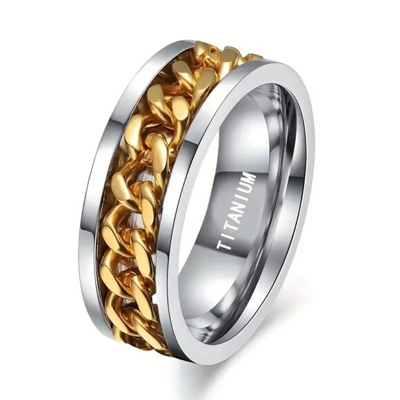 Titanium & Alloy Men's Statement Ring Silver with Gold Spinner Chain Band - Picture 2 of 5
